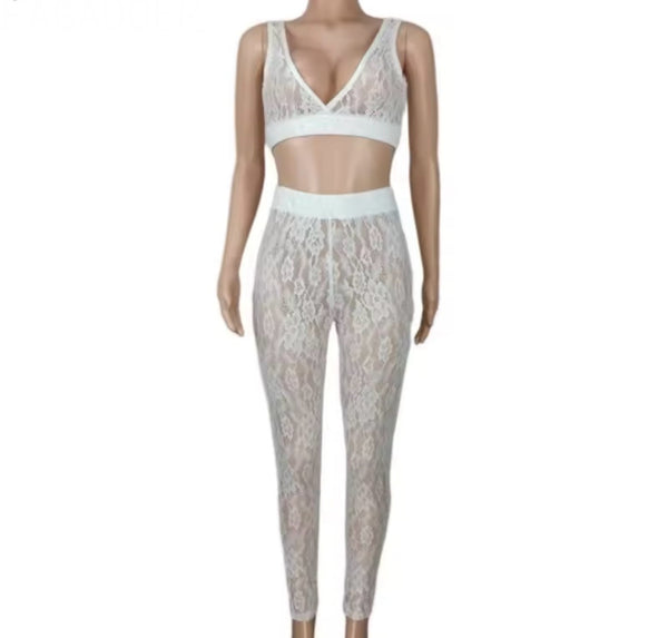 Women Sexy Sleeveless Color Crop Lace Two Piece Pant Set