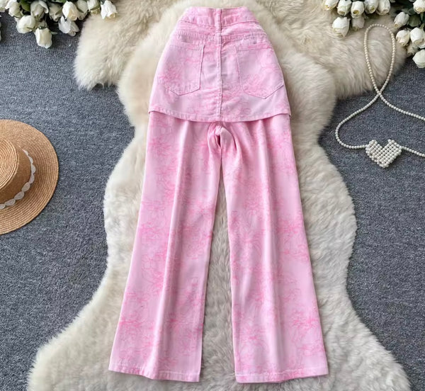 Women Fashion Color Floral Print Denim Wrap Pants