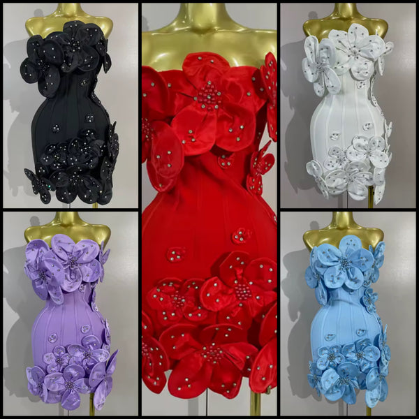 Women Sexy Floral Strapless Rhinestone Dress