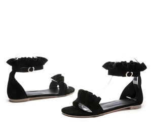 Women Fashion Ruffled Suede Flat Ankle Strap Sandals