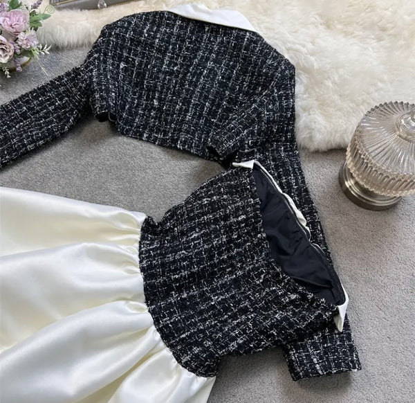 Women Contrast Stitching Tweed Sexy Two Piece Dress