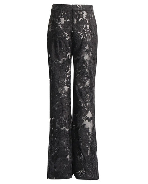 Women Sexy Fashion Black Lace Sequins Two Piece Blazer Pant Set