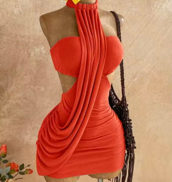 Women Sexy Halter Sleeveless Ruched Short Dress