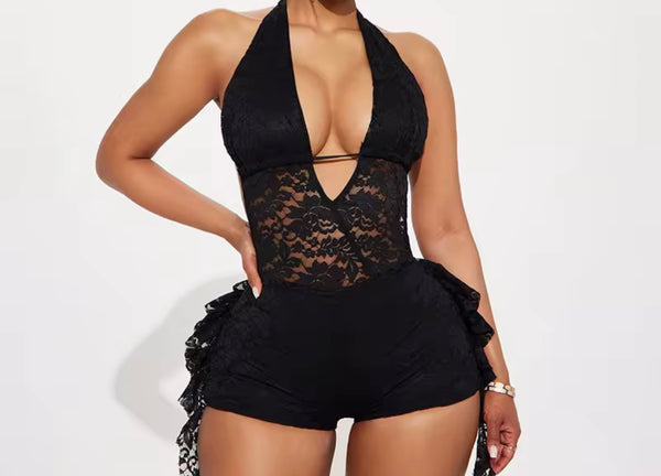 Women Lace Halter Sleeveless Sexy Romper