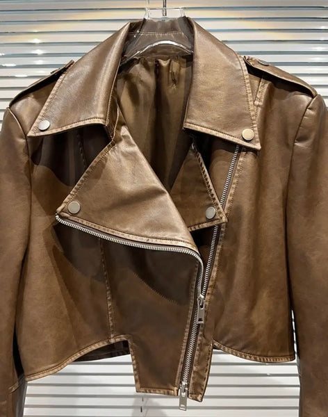 Women Brown Fashion Faux Leather Jacket