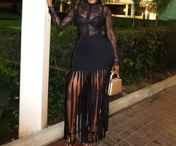 Women Sexy Black Full Sleeve Lace Patchwork Fringe Tassel Dress