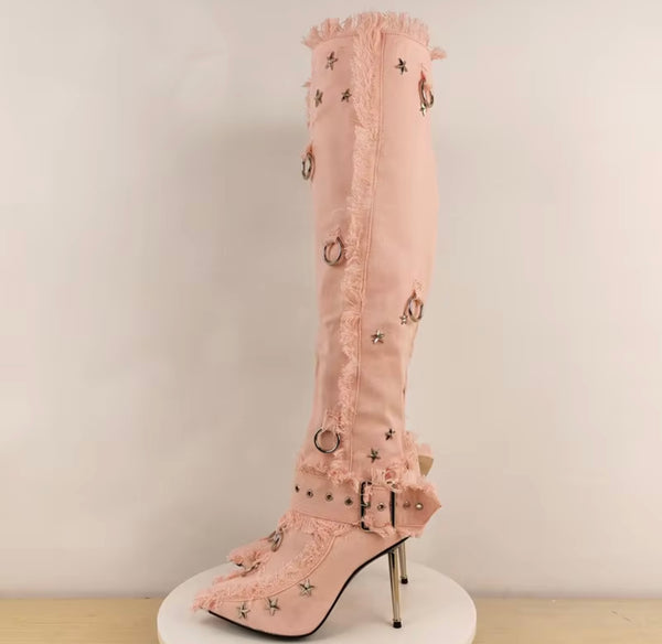 Women Fashion Rivet Fringe Buckle Denim Knee High Boots