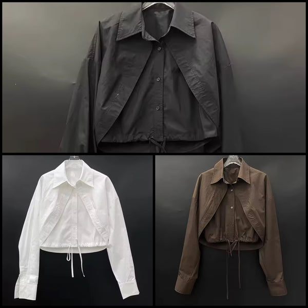 Women Fashion Collar Button Up Tie Full Sleeve Top