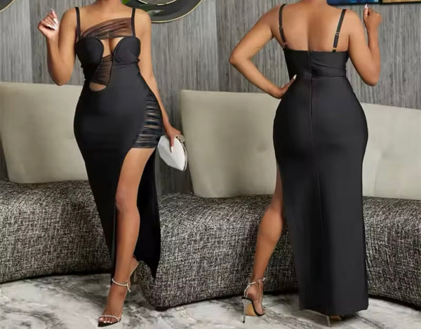 Women Sexy Sleeveless Black Mesh Cut Out Maxi Dress