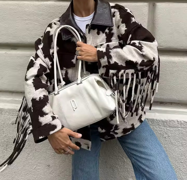 Women Fashion Animal Print Fringe Tassel Jacket
