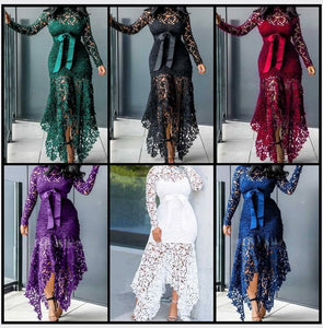 Women Sexy Color Lace Full Sleeve Bow Maxi Dress