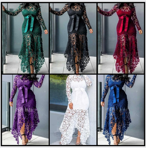 Women Sexy Color Lace Full Sleeve Bow Maxi Dress