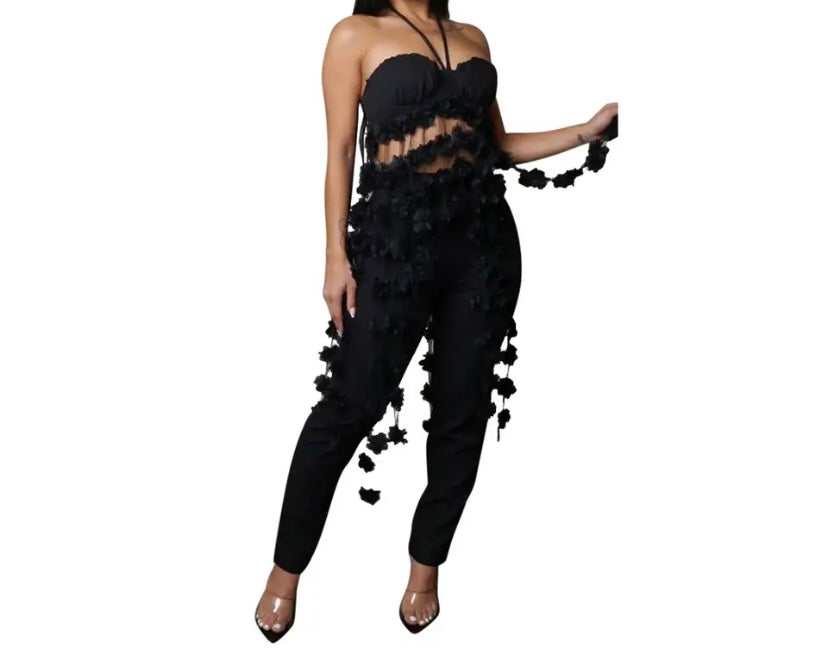 Women Sexy Sleeveless Floral Mesh Asymmetrical Two Piece Pant Set