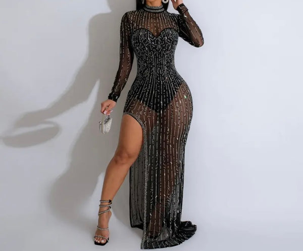 Women Sexy Black Bling Full Sleeve Mesh Maxi Dress