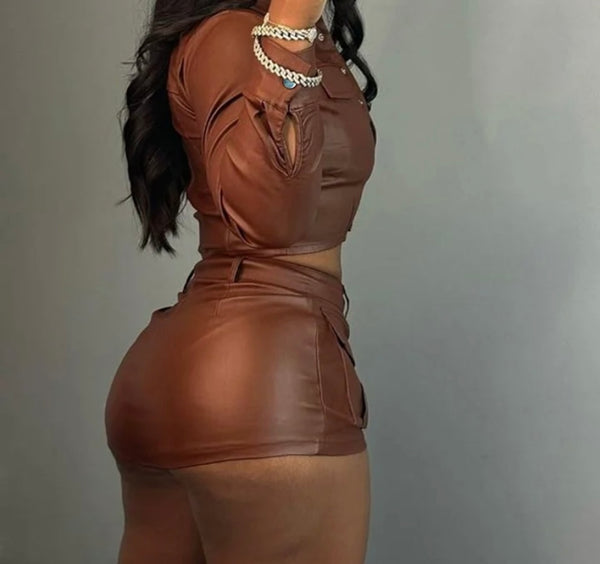 Women Brown Sexy Fashion Faux Leather Two Piece Skirt Set