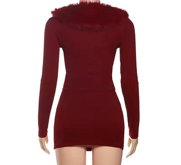 Women Fur Patchwork Button Up Full Sleeve Two Piece Skirt Set