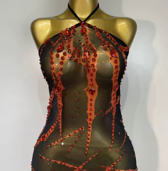 Women Black Halter Sleeveless Red Rhinestone Sexy Maxi Dress