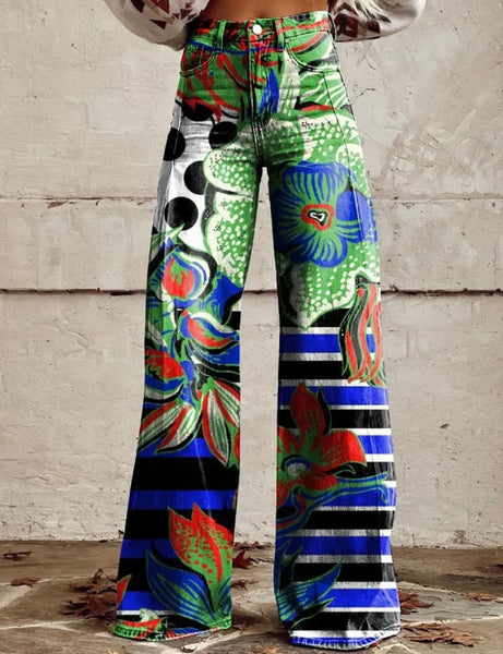 Women Fashion Color Print Wide Leg Pants