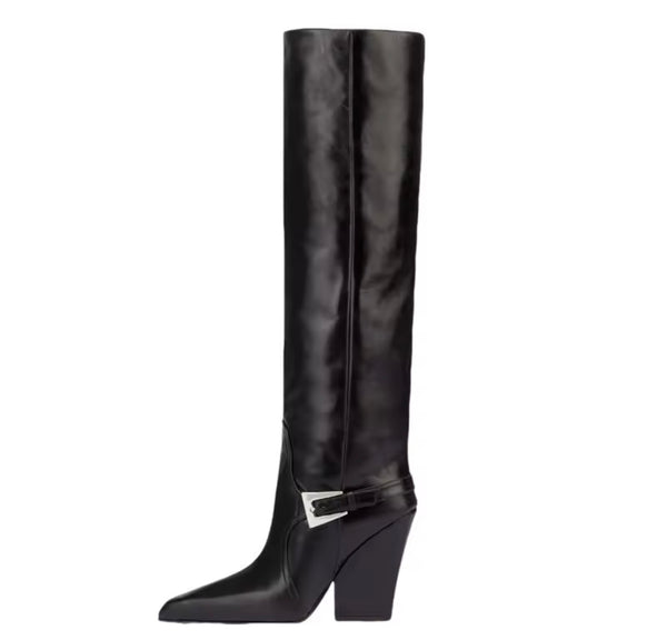 Women Color Fashion Buckled Faux Leather Knee High Western Boots