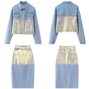 Women Fashion Metallic Patchwork Two Piece Denim Jacket Skirt Set