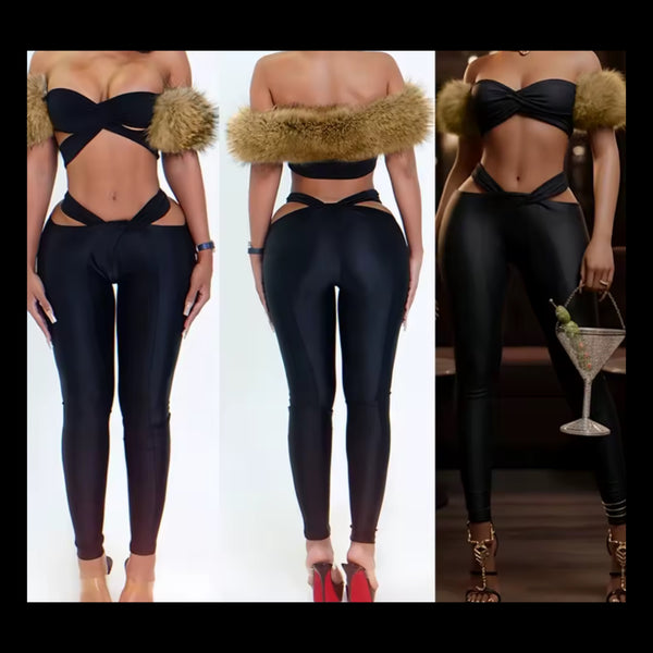 Women Sexy Strapless Black Fur Patchwork Two Piece Pant Set