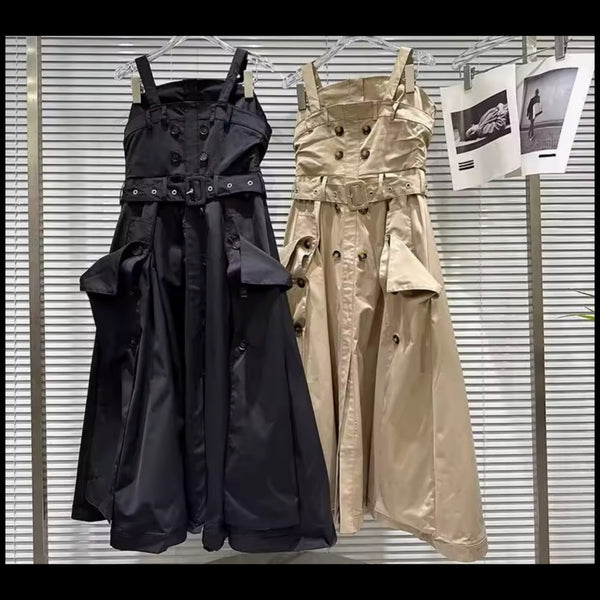 Women Sleeveless Button Belted Dress