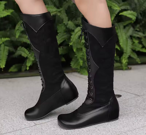 Women Fashion Floral Lace Up Flat Knee High Boots