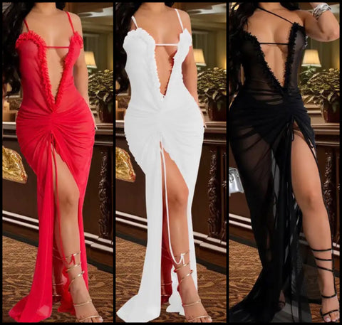 Women Sexy Sleeveless Ruffled Mesh Maxi Dress