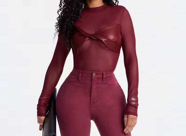 Women PU Mesh Full Sleeve Fashion Bodysuit Top