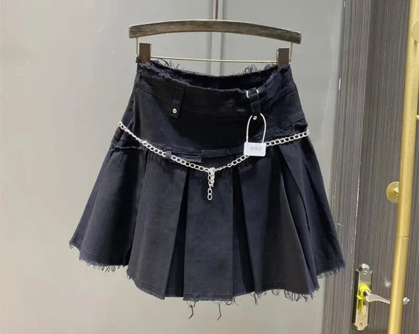 Women Solid Color Fashion Pleated Denim Skirt