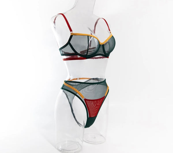 Women Sexy Color Patchwork Mesh Lingerie Set
