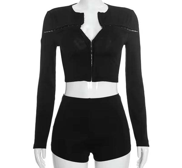Women Black Sexy Fashion Full Sleeve Two Piece Short Set
