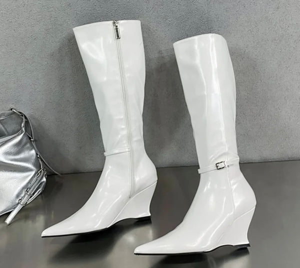 Women Fashion Pointed Toe Patent Leather Buckled Wedge Boots
