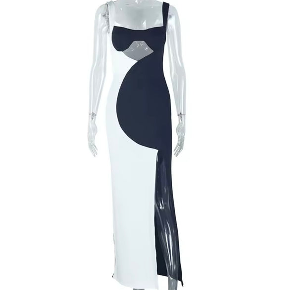 Women Sexy Sleeveless B&W Cut Out Maxi Dress