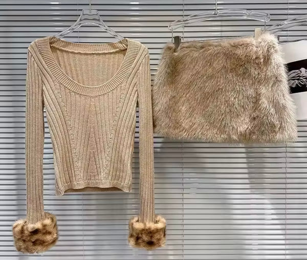 Women Sexy Fashion Faux Fur Full Sleeve Two Piece Skirt Set