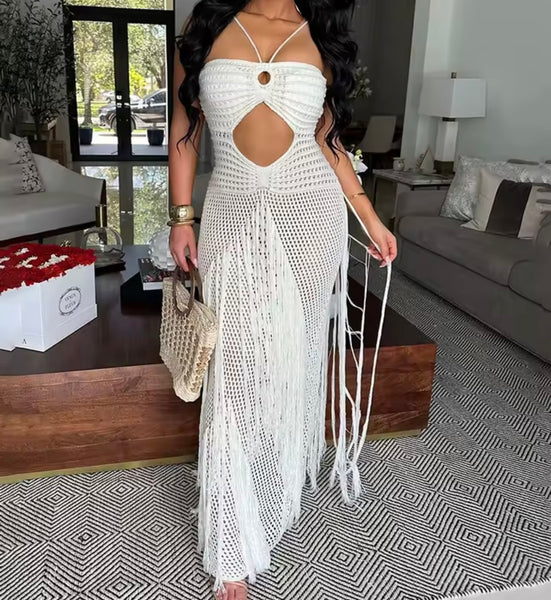 Women Sexy Halter Sleeveless Knitted Tassel Maxi Dress