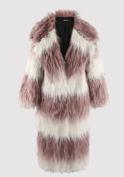 Women Color Patchwork Fashion Faux Fur Trench Jacket