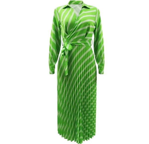 Women Full Sleeve Striped Pleated Maxi Dress
