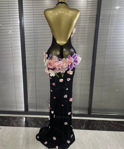 Women Sexy Halter Sleeveless Floral Mesh Maxi Dress