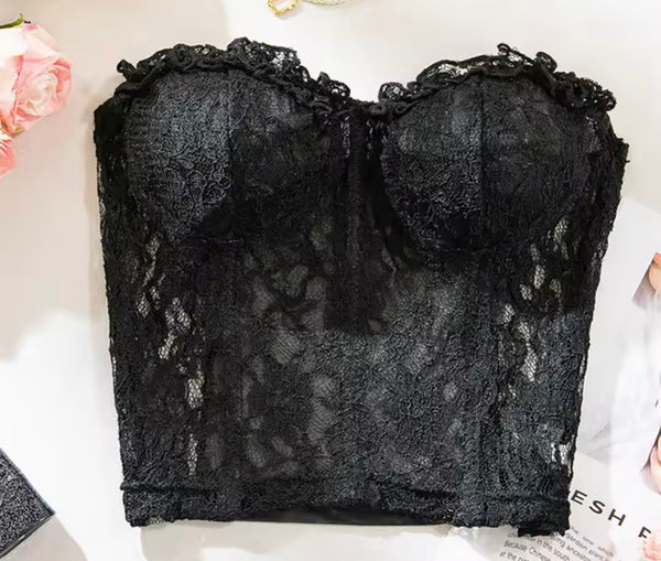 Women Sexy Strapless Black Lace Crop Top