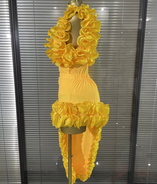Women Sexy Ruffle Sleeveless Bodysuit Two Piece Asymmetrical Skirt Set