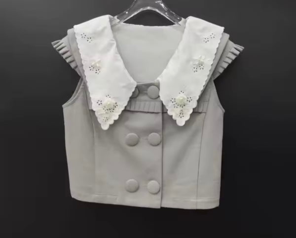 Women Button Up Sleeveless Two Piece Pleated Skirt Set