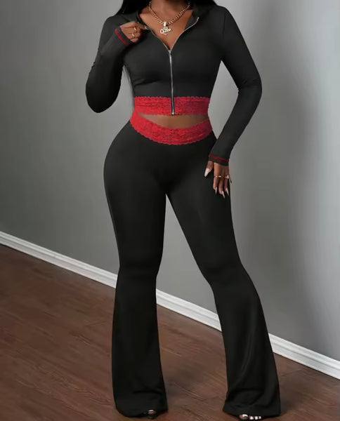 Women Color Lace Patchwork Hooded Zip Up Two Piece Pant Set