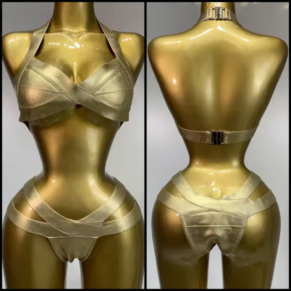 Women Sexy Halter Gold Faux Leather Bikini Swimsuit