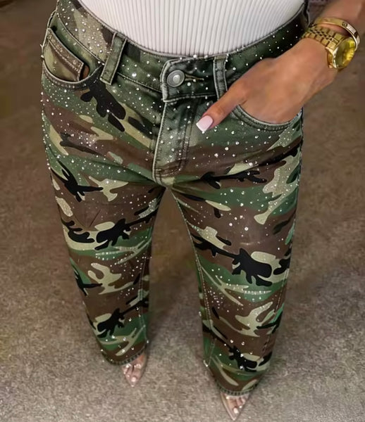 Women Fashion Color Camouflage Bling Denim Pants