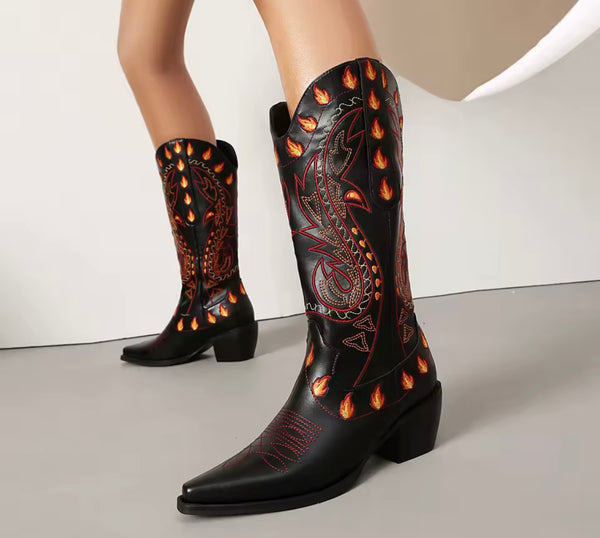 Women Printed Fashion Faux Leather Knee High Western Boots