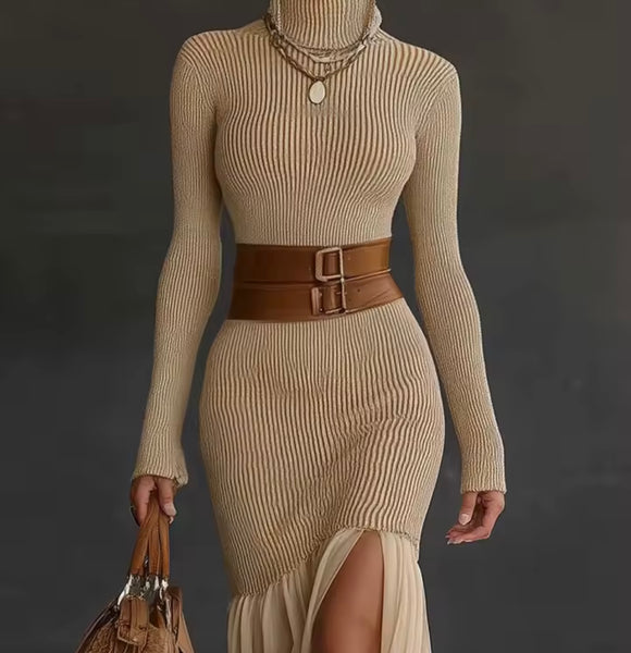 Women Sexy Turtleneck Ribbed Full Sleeve Ruffled Maxi Dress