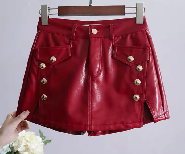 Women Color Fashion Faux Leather Button Wrap Shorts