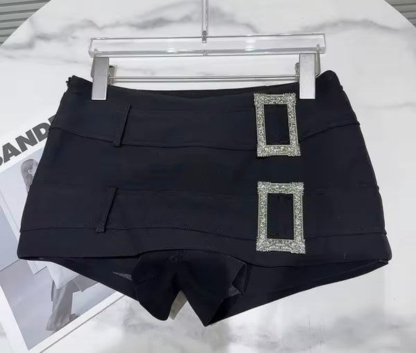 Women Black Metal Buckle Fashion Wrap Shorts