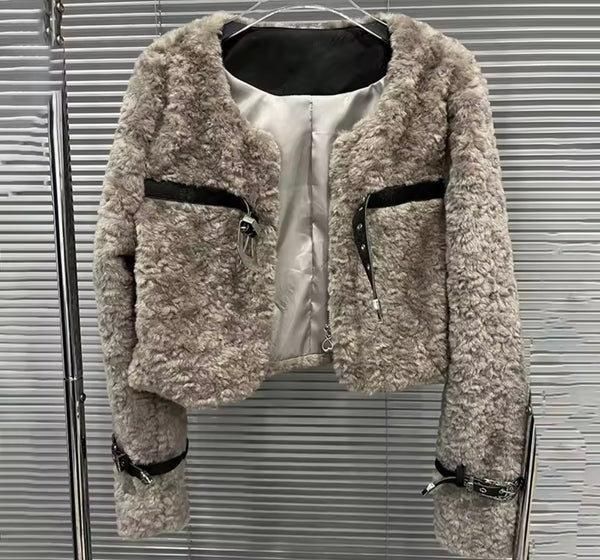 Women Fashion Fur Buckled Jacket Two Piece Skirt Set